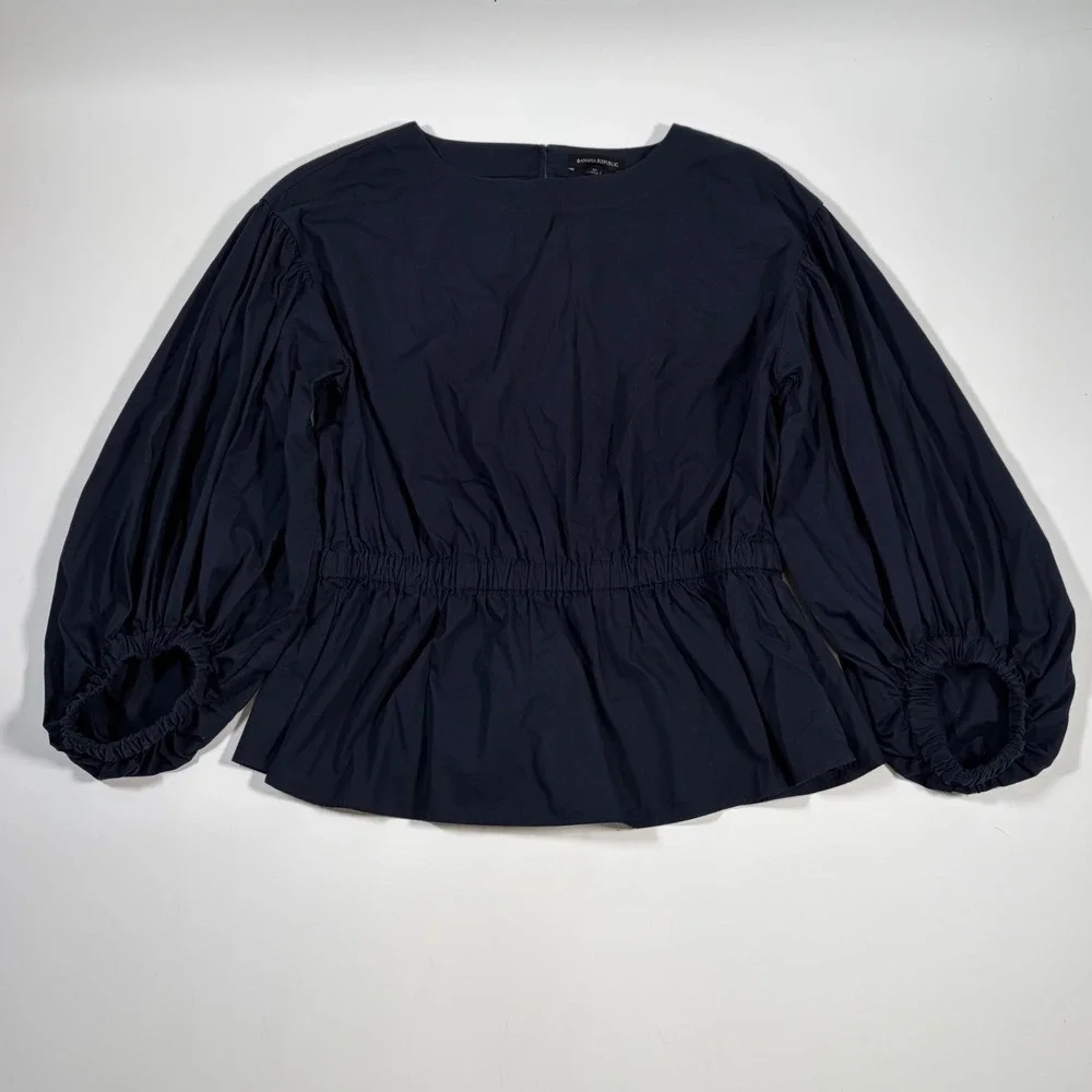 Banana Republic Navy Blue Puff Sleeve Peplum Blouse Minimalist Old Money Top M